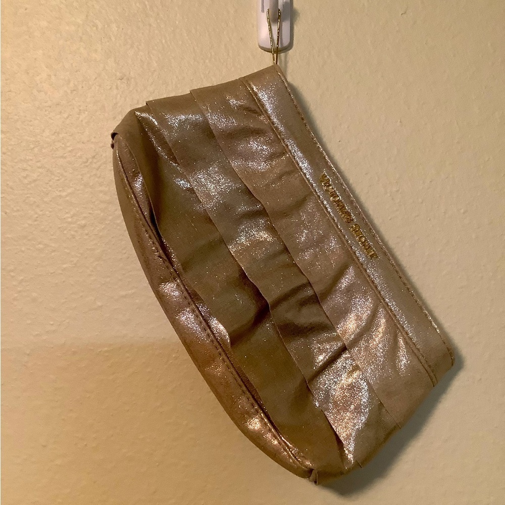 Victoria Secret gold clutch ruffle make up cosmetic bag snap closure